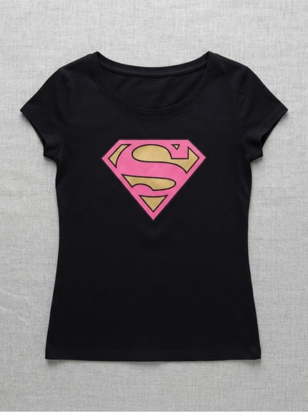 DC Comics Women's Black Tee with Pink & Gold Supergirl Shield